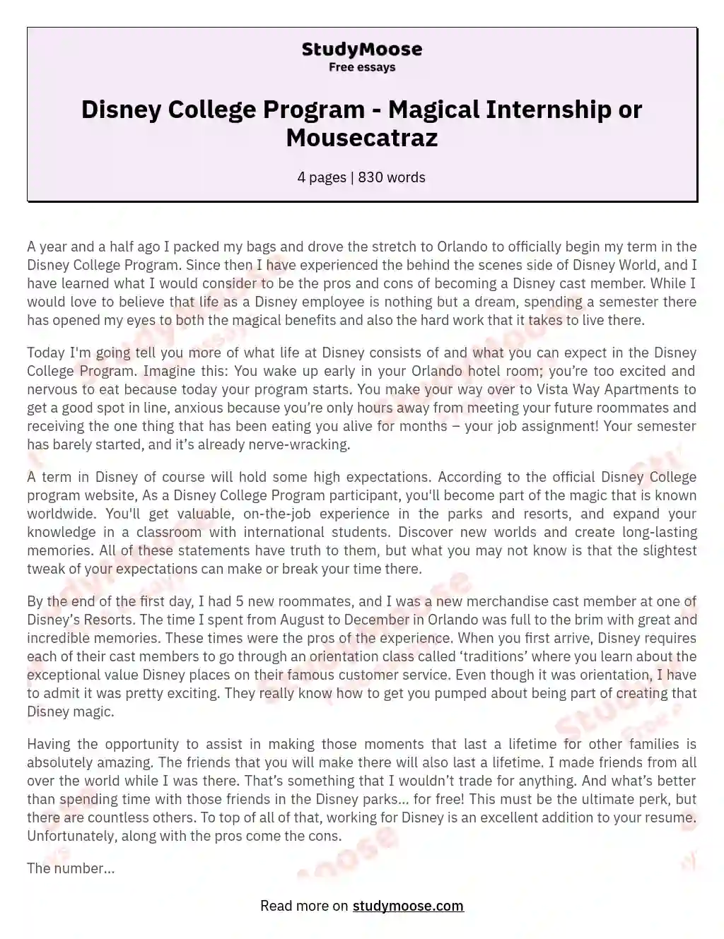 Disney College Program - Magical Internship or Mousecatraz essay