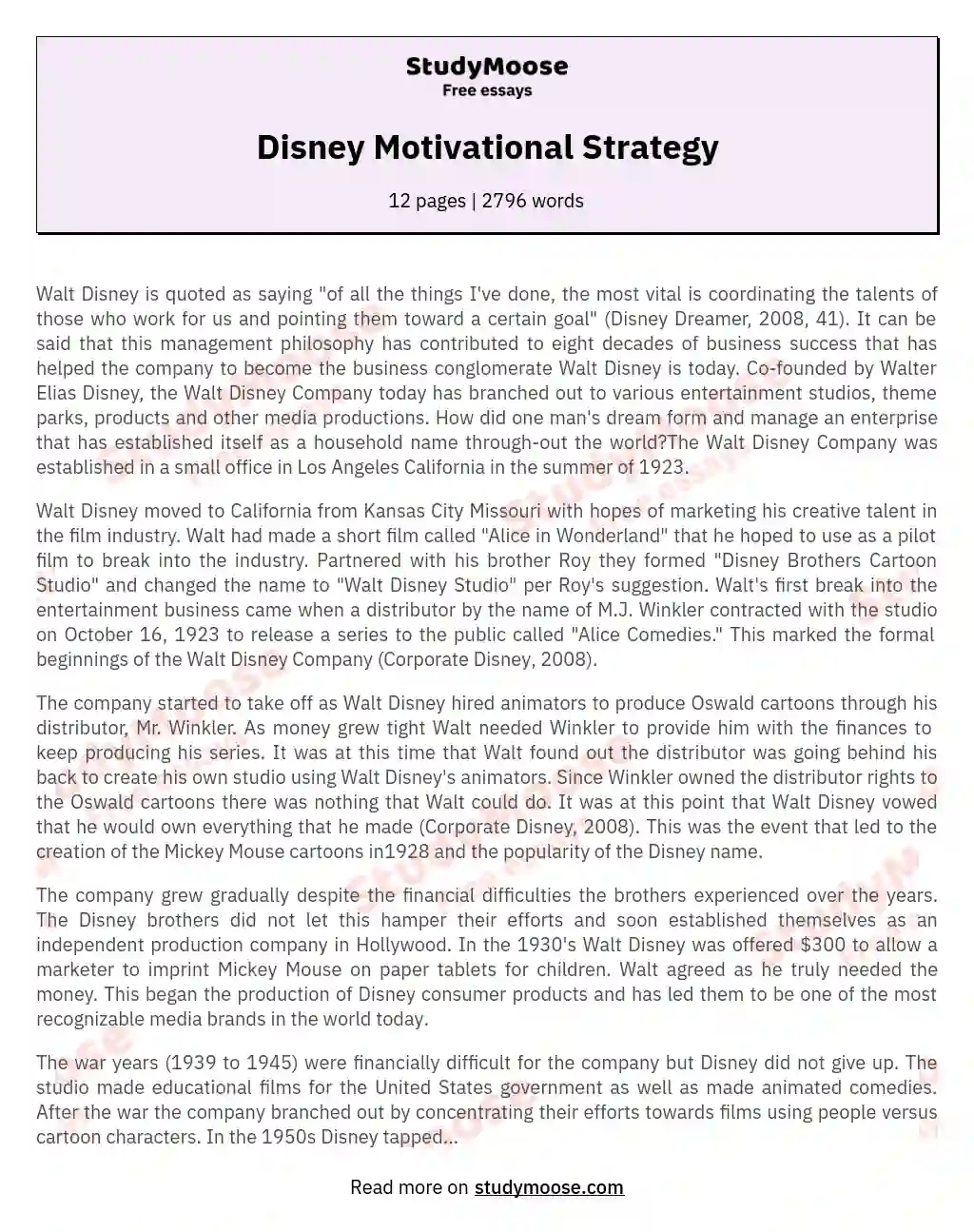 Disney Motivational Strategy essay