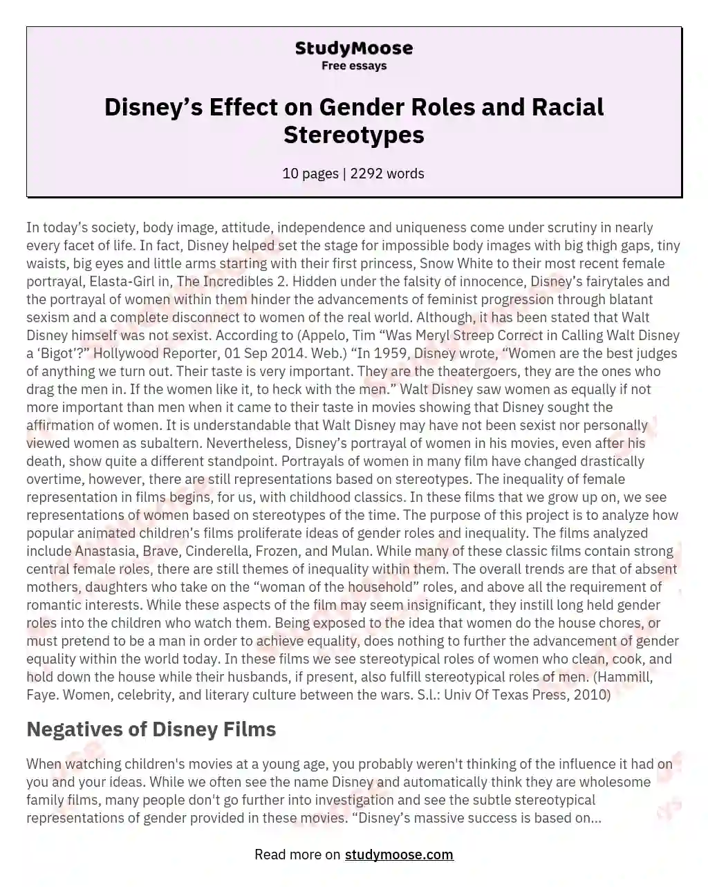 Disney’s Effect on Gender Roles and Racial Stereotypes
