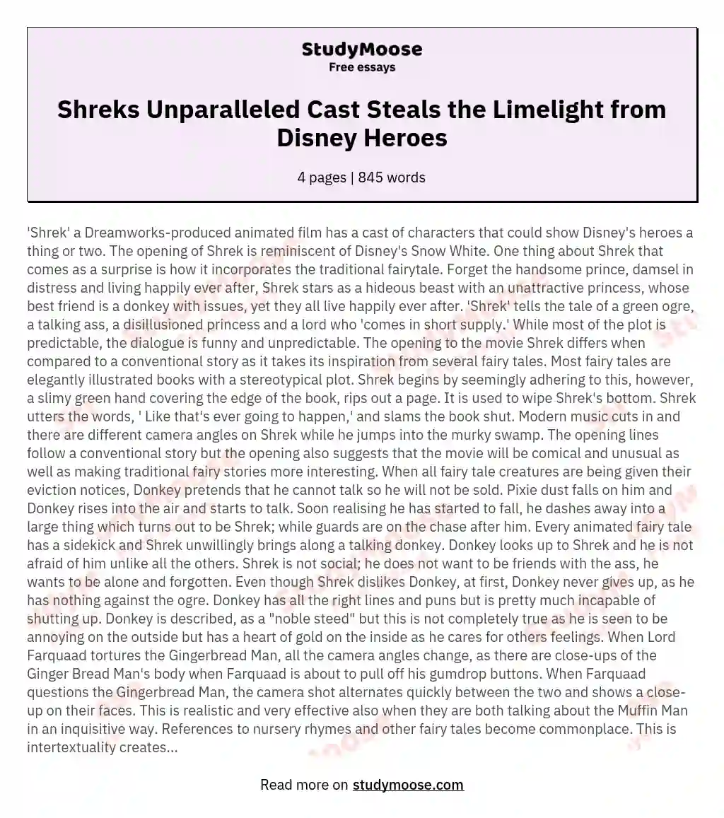 Shreks Unparalleled Cast Steals the Limelight from Disney Heroes essay