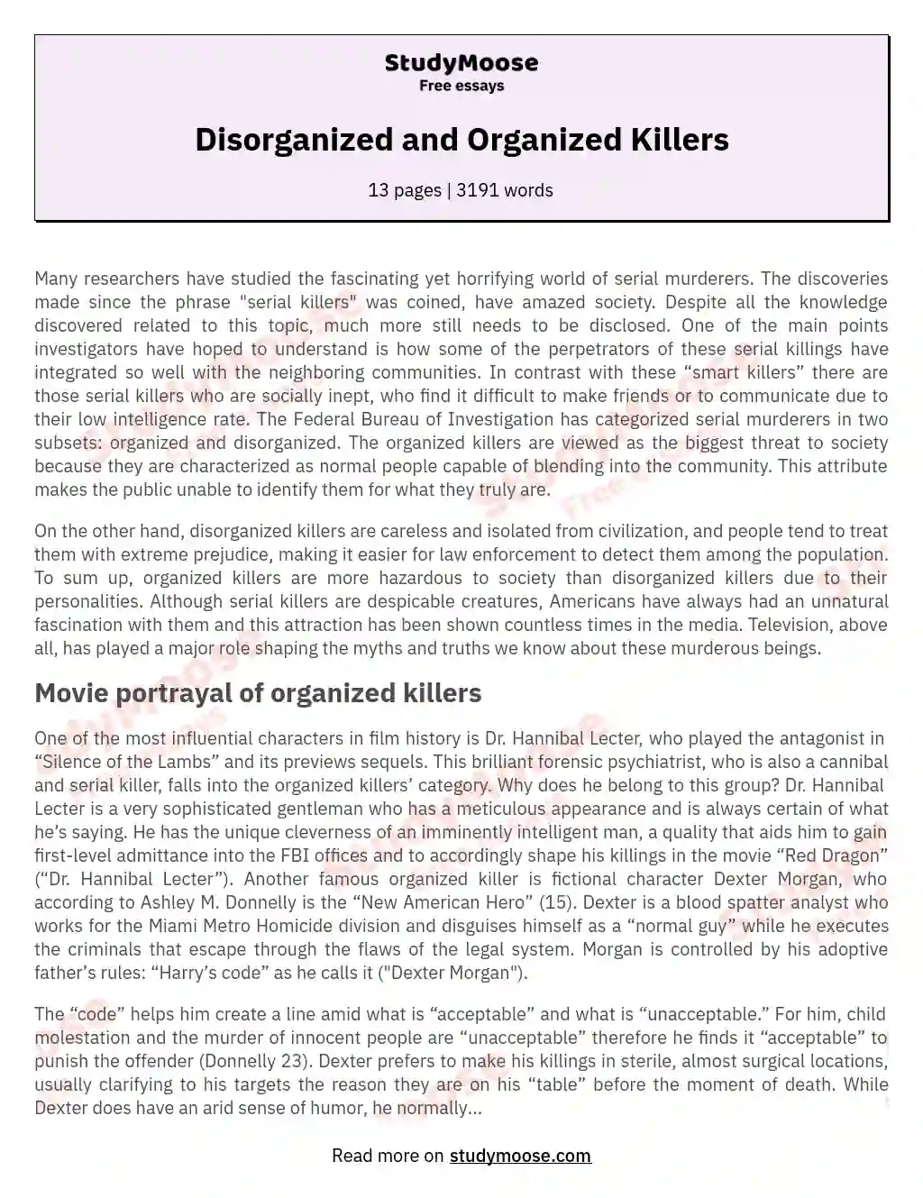 Disorganized and Organized Killers essay