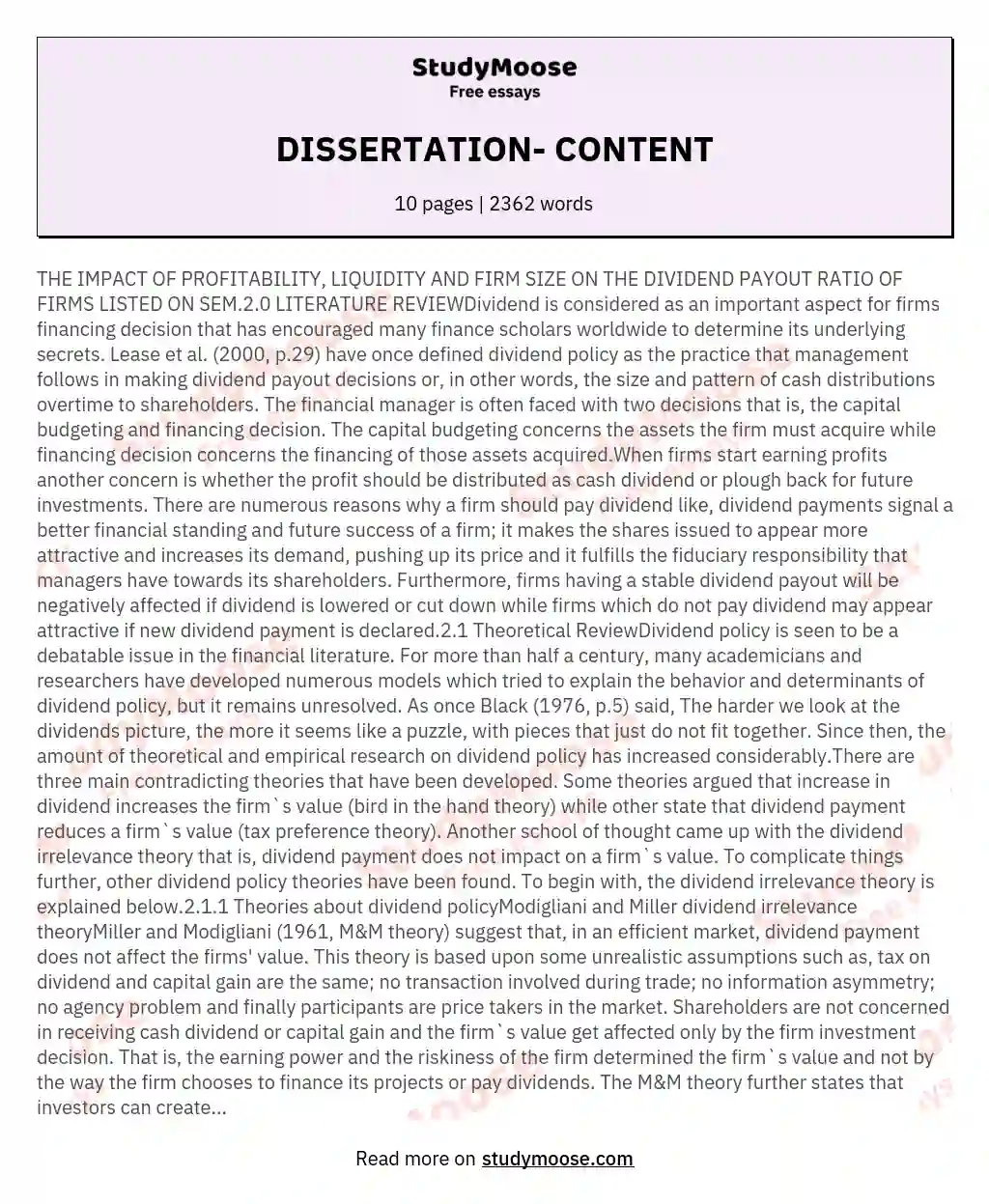 DISSERTATION- CONTENT essay