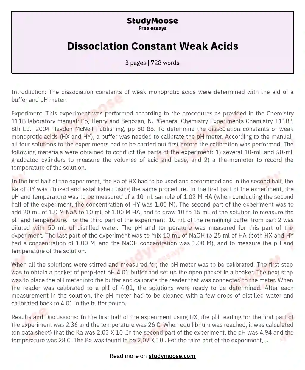 Dissociation Constant Weak Acids essay