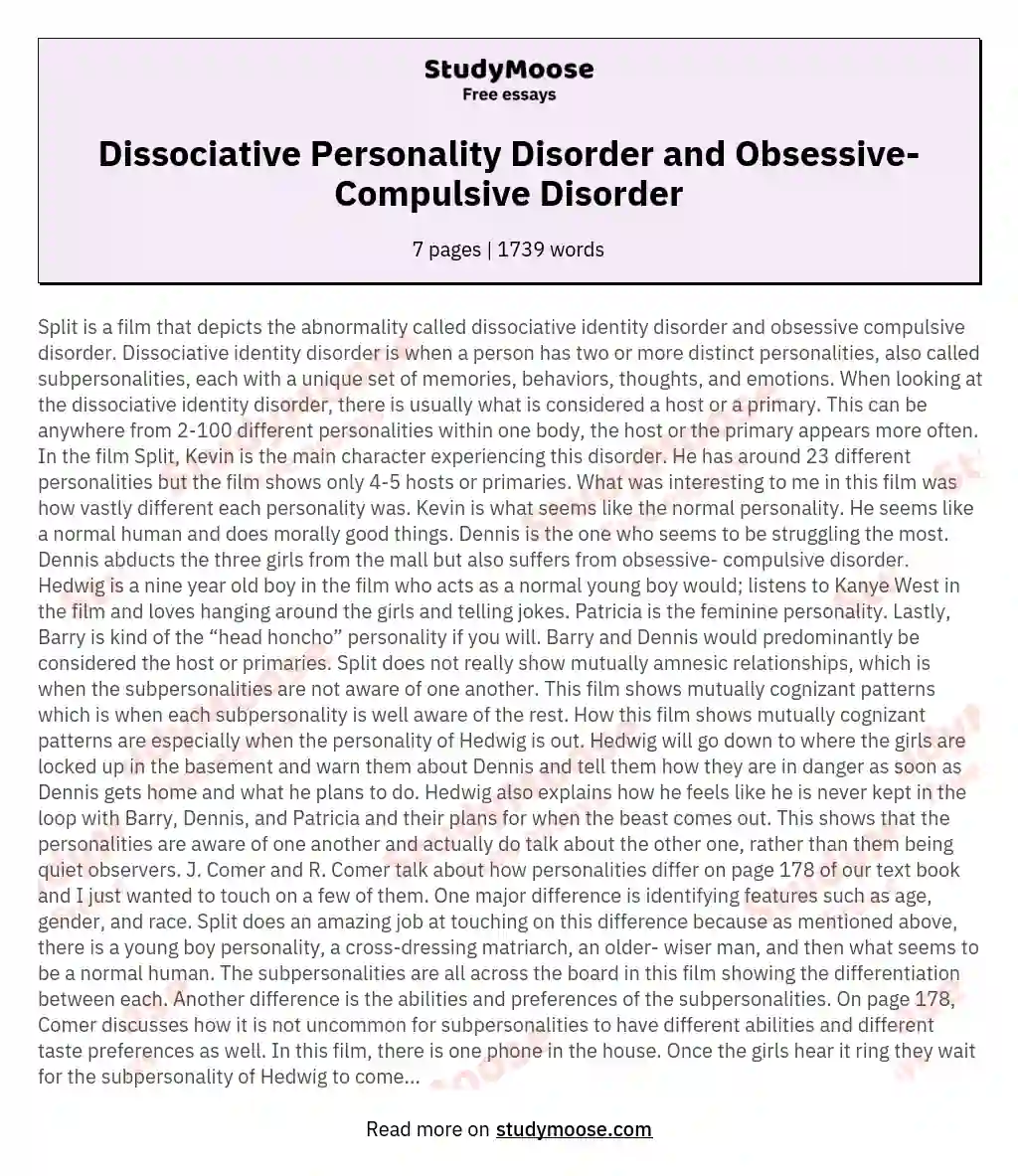 Dissociative Personality Disorder and Obsessive-Compulsive Disorder essay
