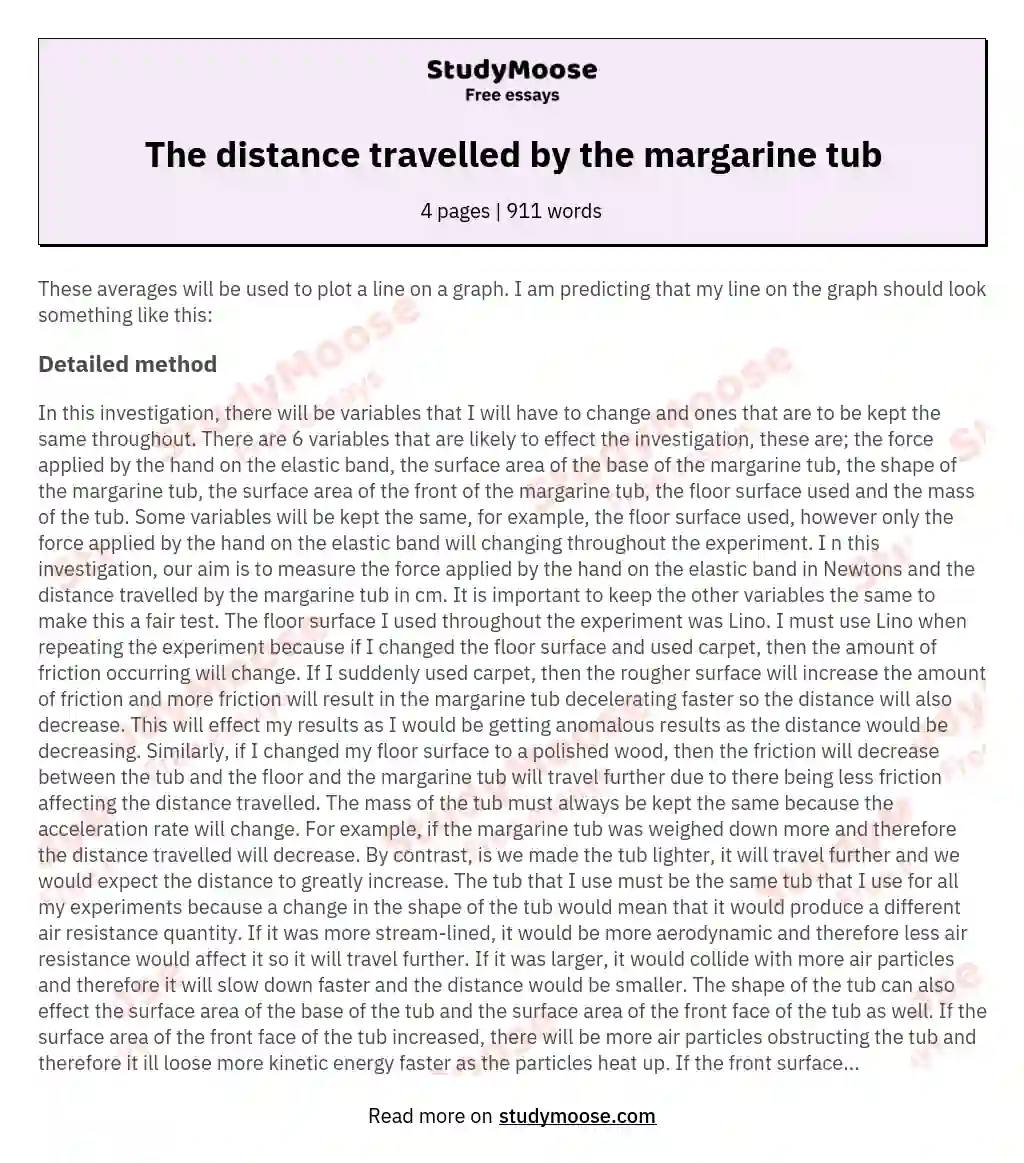 The distance travelled by the margarine tub essay