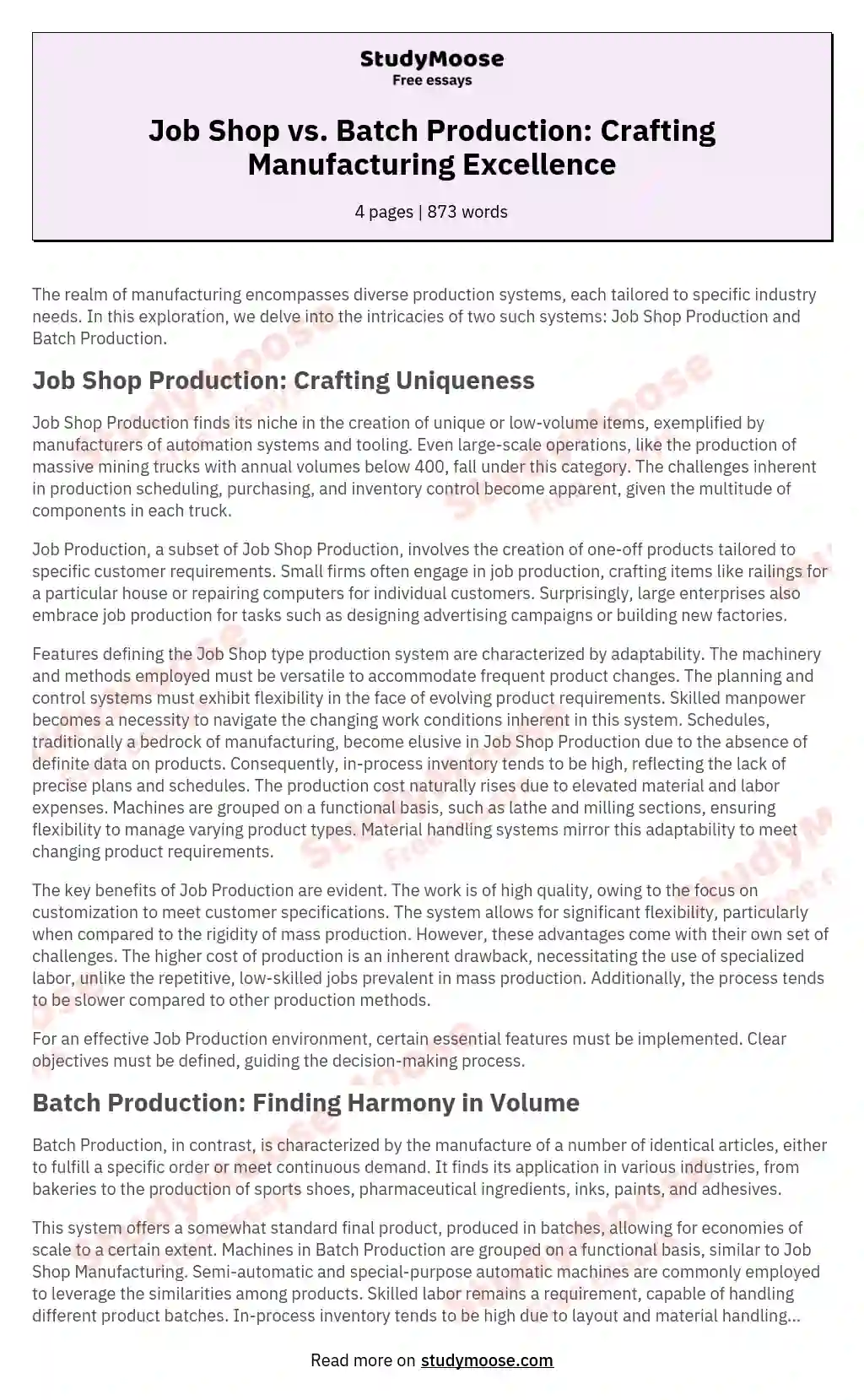Job Shop vs. Batch Production: Crafting Manufacturing Excellence essay