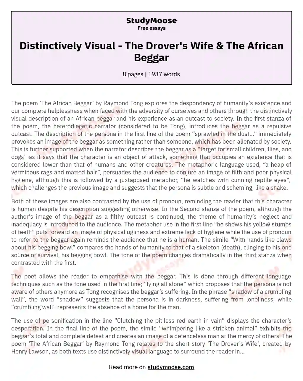 Distinctively Visual - The Drover's Wife & The African Beggar essay