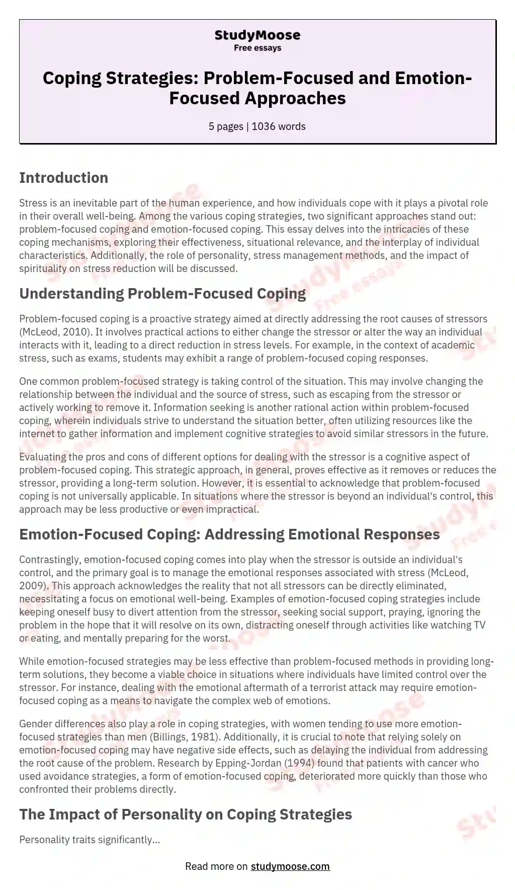 Coping Strategies: Problem-Focused and Emotion-Focused Approaches essay