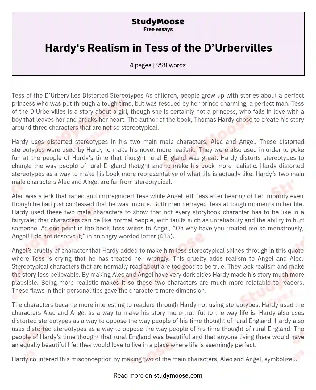 Hardy's Realism in Tess of the D’Urbervilles essay