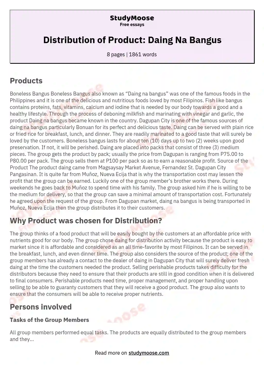Distribution of Product: Daing Na Bangus essay