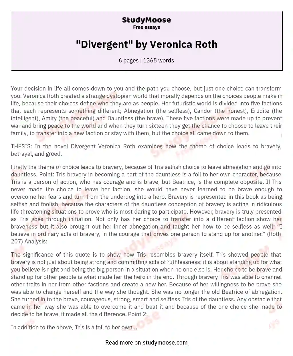 "Divergent" by Veronica Roth essay