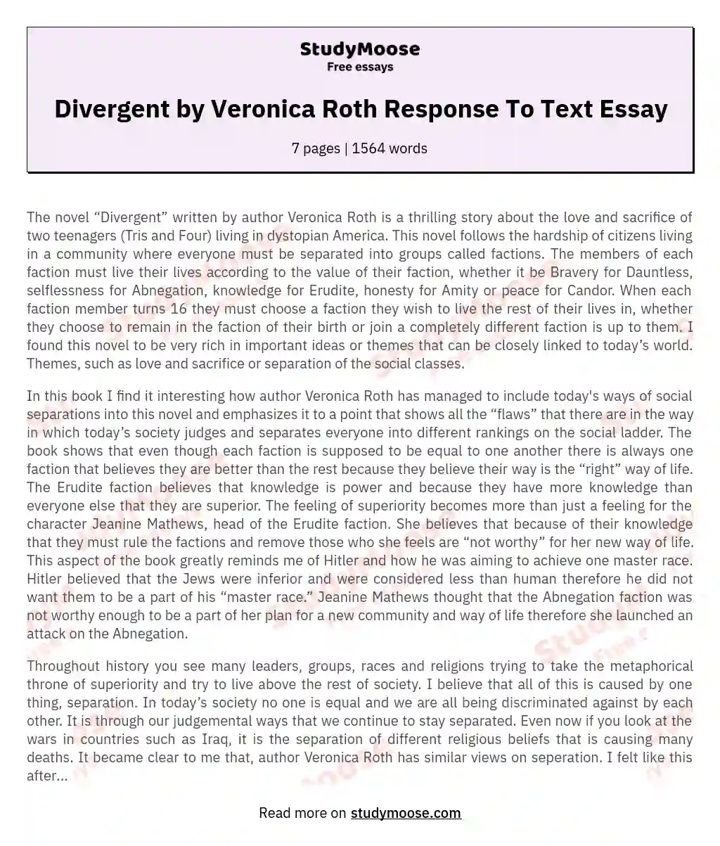 Divergent by Veronica Roth Response To Text Essay