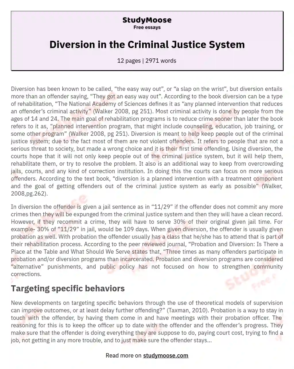 Diversion in the Criminal Justice System essay