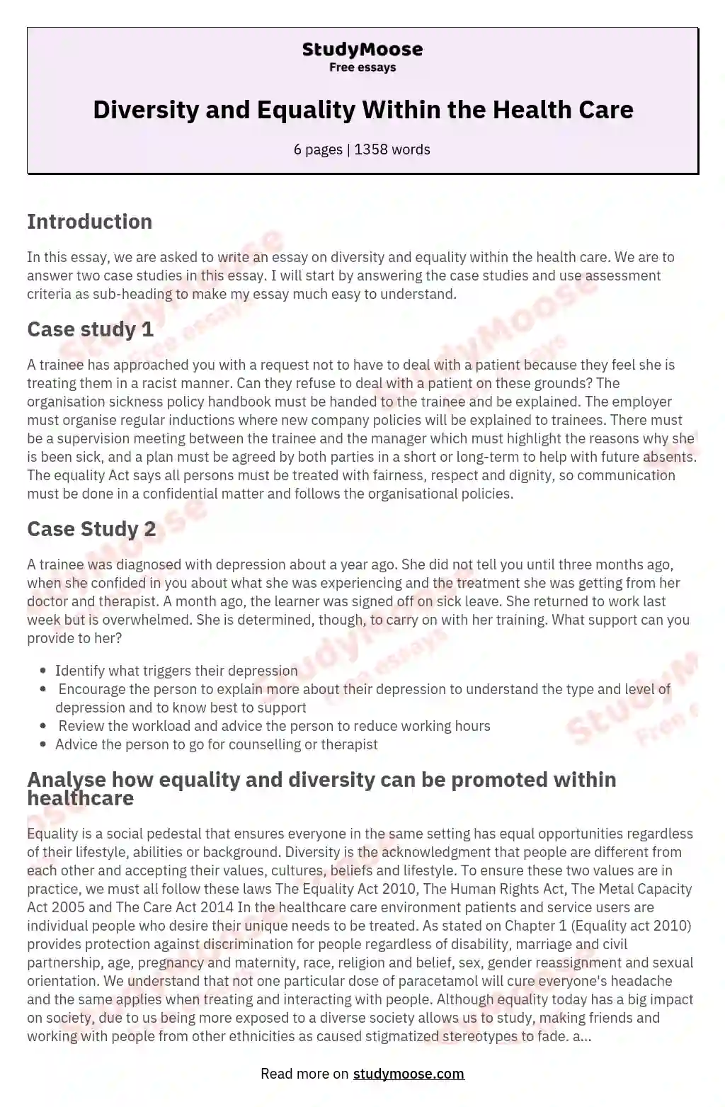 Diversity and Equality Within the Health Care essay