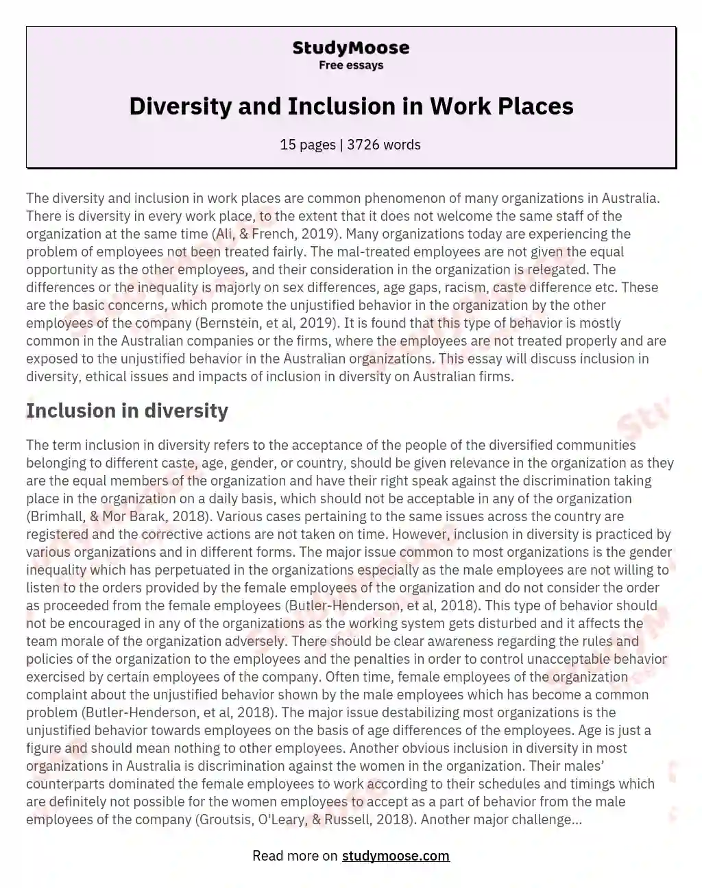 Diversity and Inclusion in Work Places essay