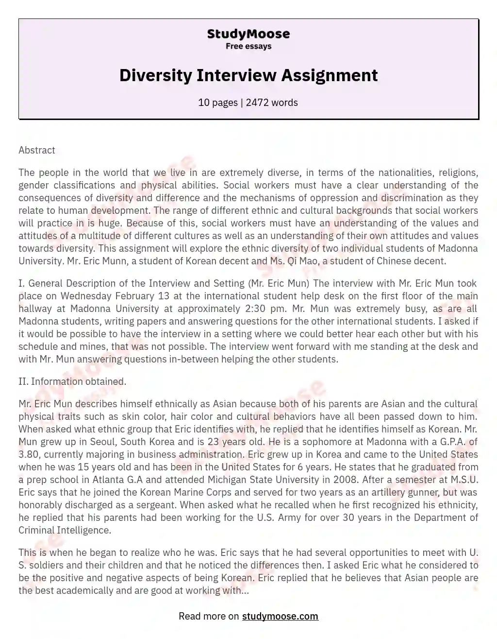 Diversity Interview Assignment essay
