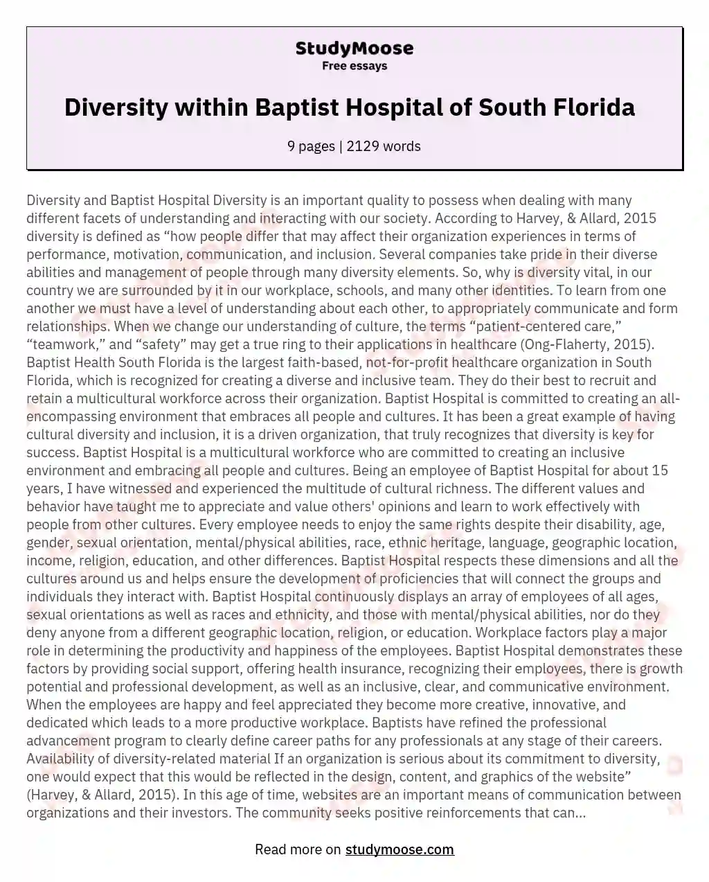 Diversity within Baptist Hospital of South Florida   essay