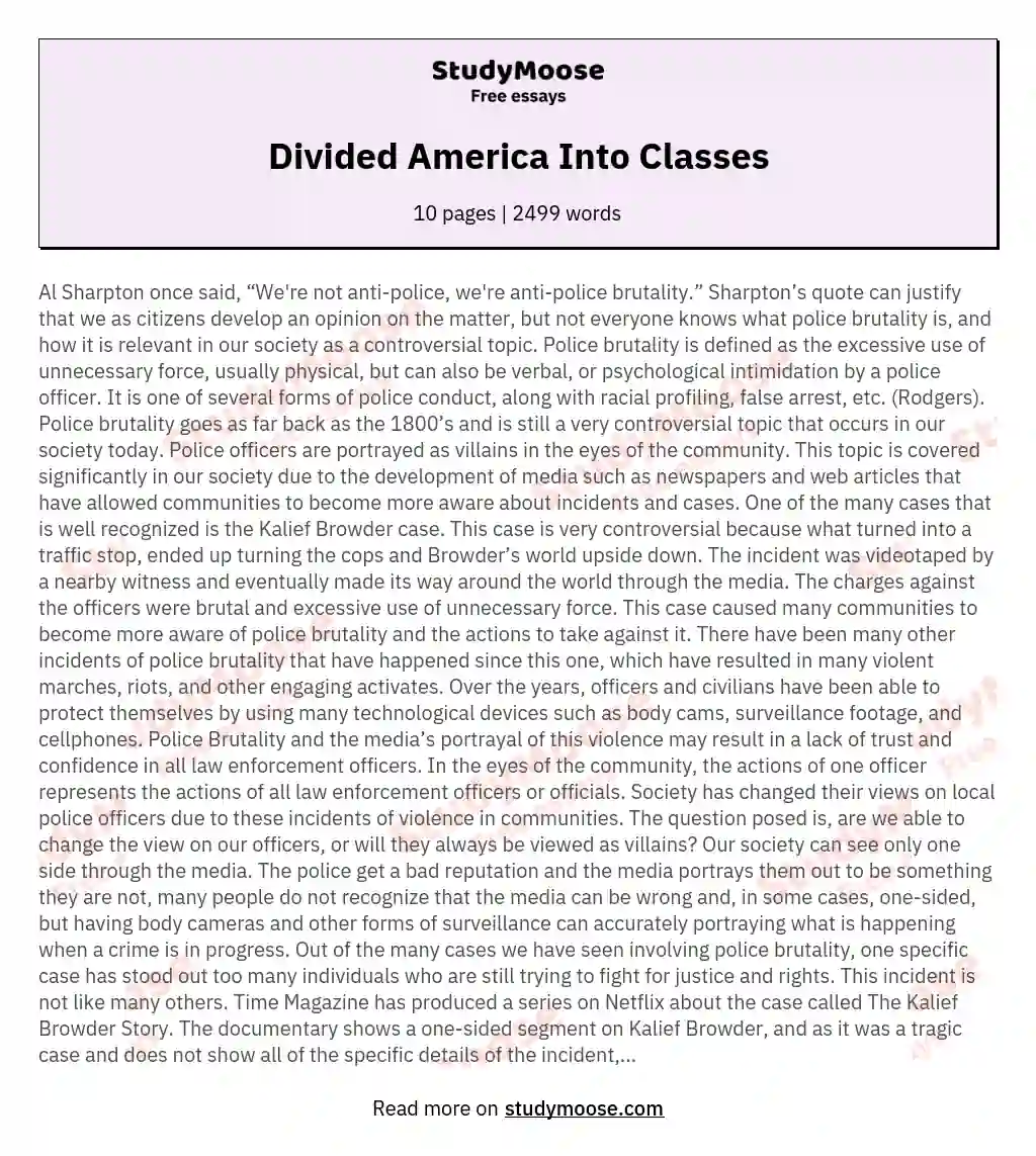 Divided America Into Classes essay