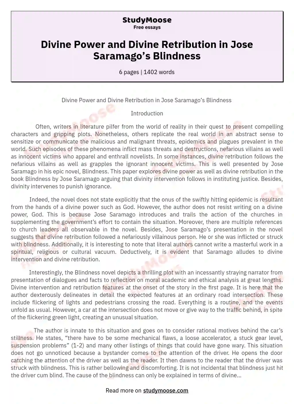 Divine Power and Divine Retribution in Jose Saramago’s Blindness essay