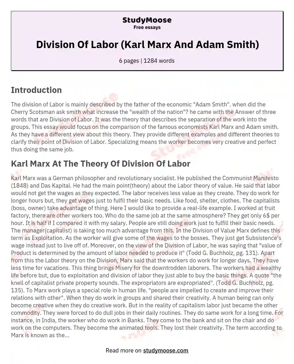 Division Of Labor (Karl Marx And Adam Smith) essay