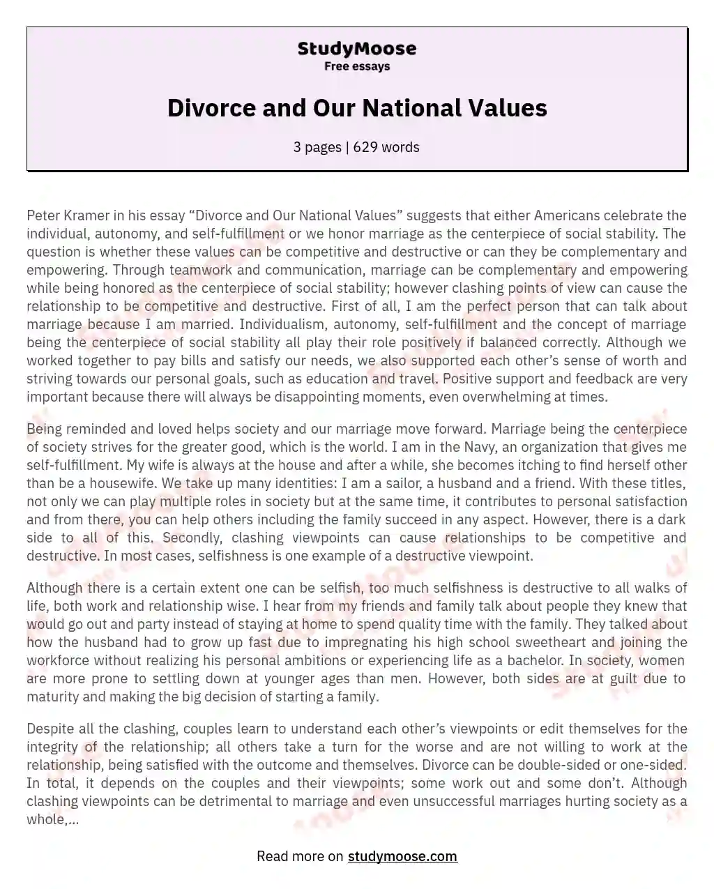 Divorce and Our National Values essay