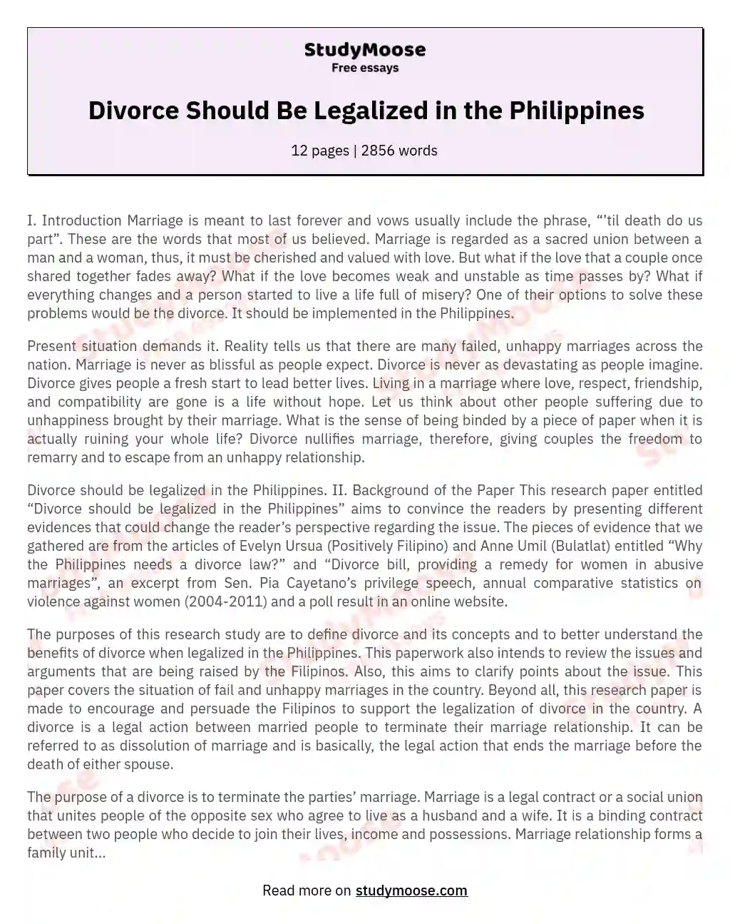 Divorce Should Be Legalized in the Philippines essay