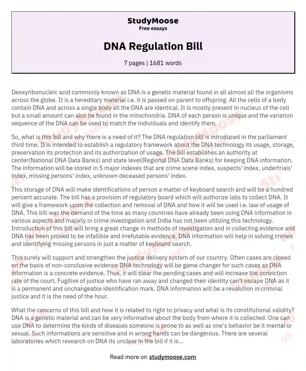 DNA Regulation Bill essay