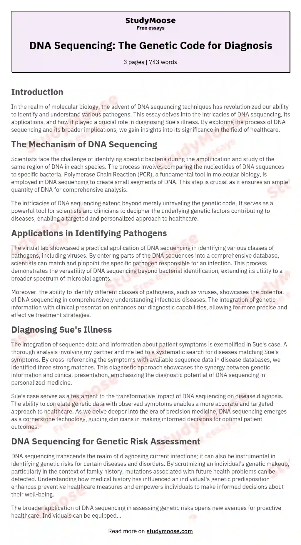 DNA Sequencing: The Genetic Code for Diagnosis essay