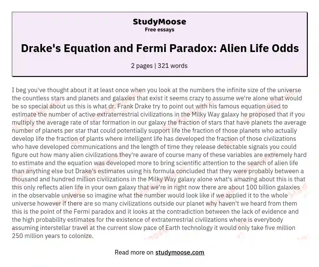 Drake's Equation and Fermi Paradox: Alien Life Odds essay