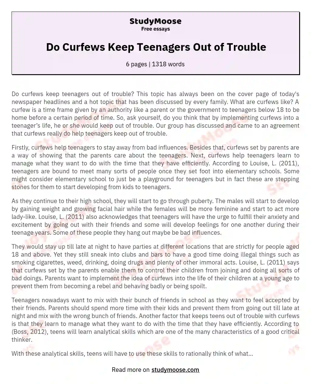 Do Curfews Keep Teenagers Out of Trouble essay