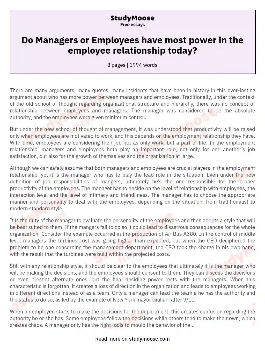 Do Managers or Employees have most power in the employee relationship today? essay