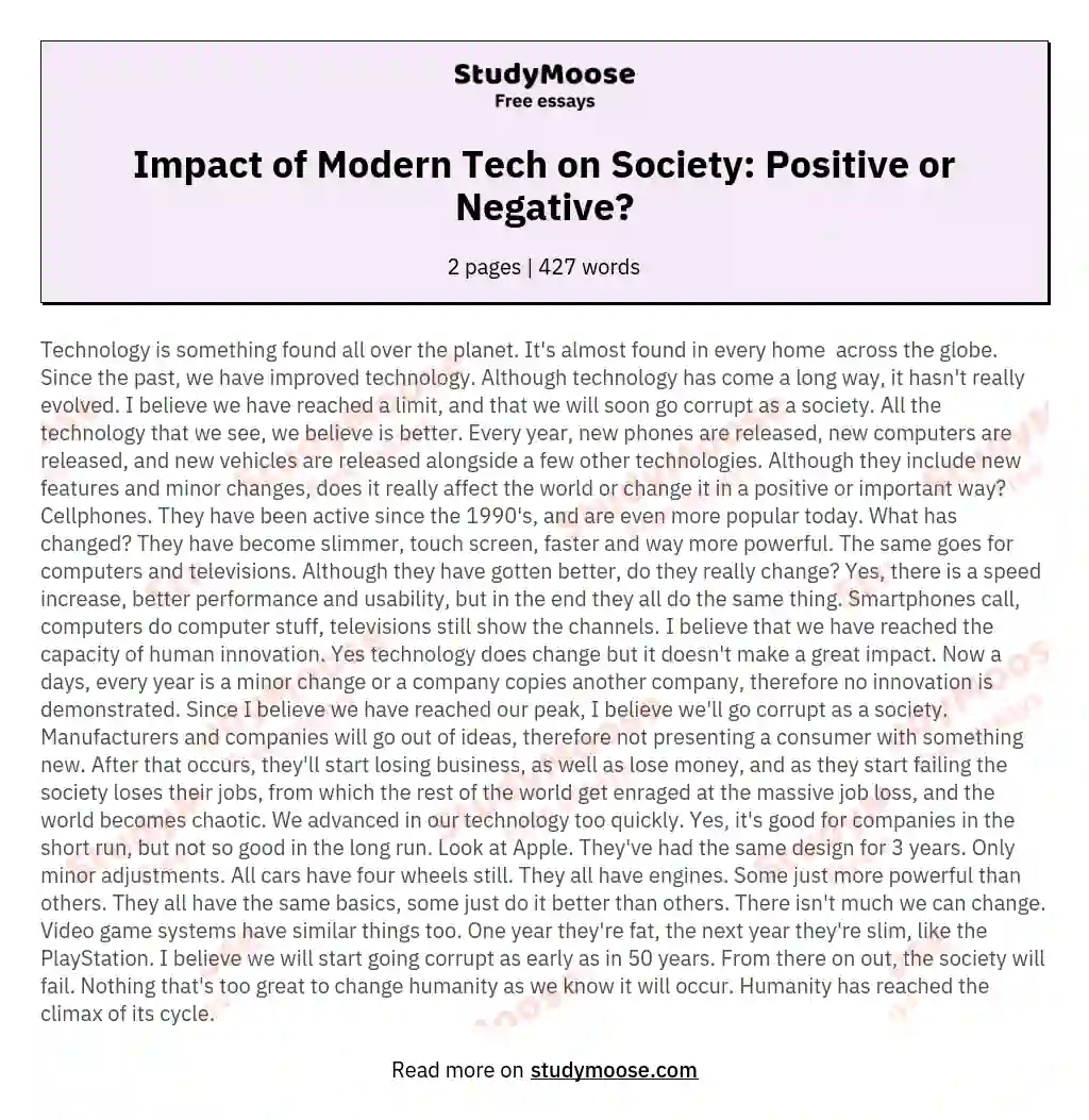 Impact of Modern Tech on Society: Positive or Negative? essay