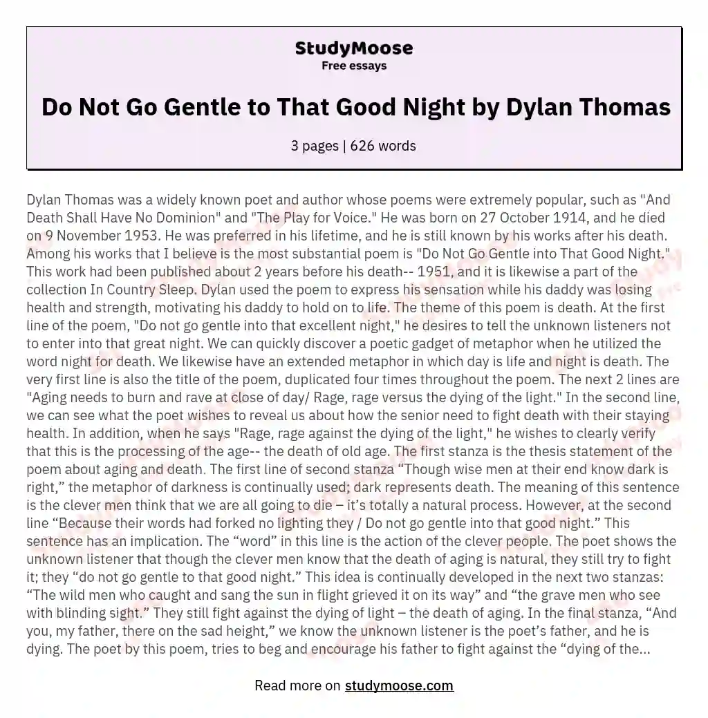 Do Not Go Gentle to That Good Night by Dylan Thomas essay