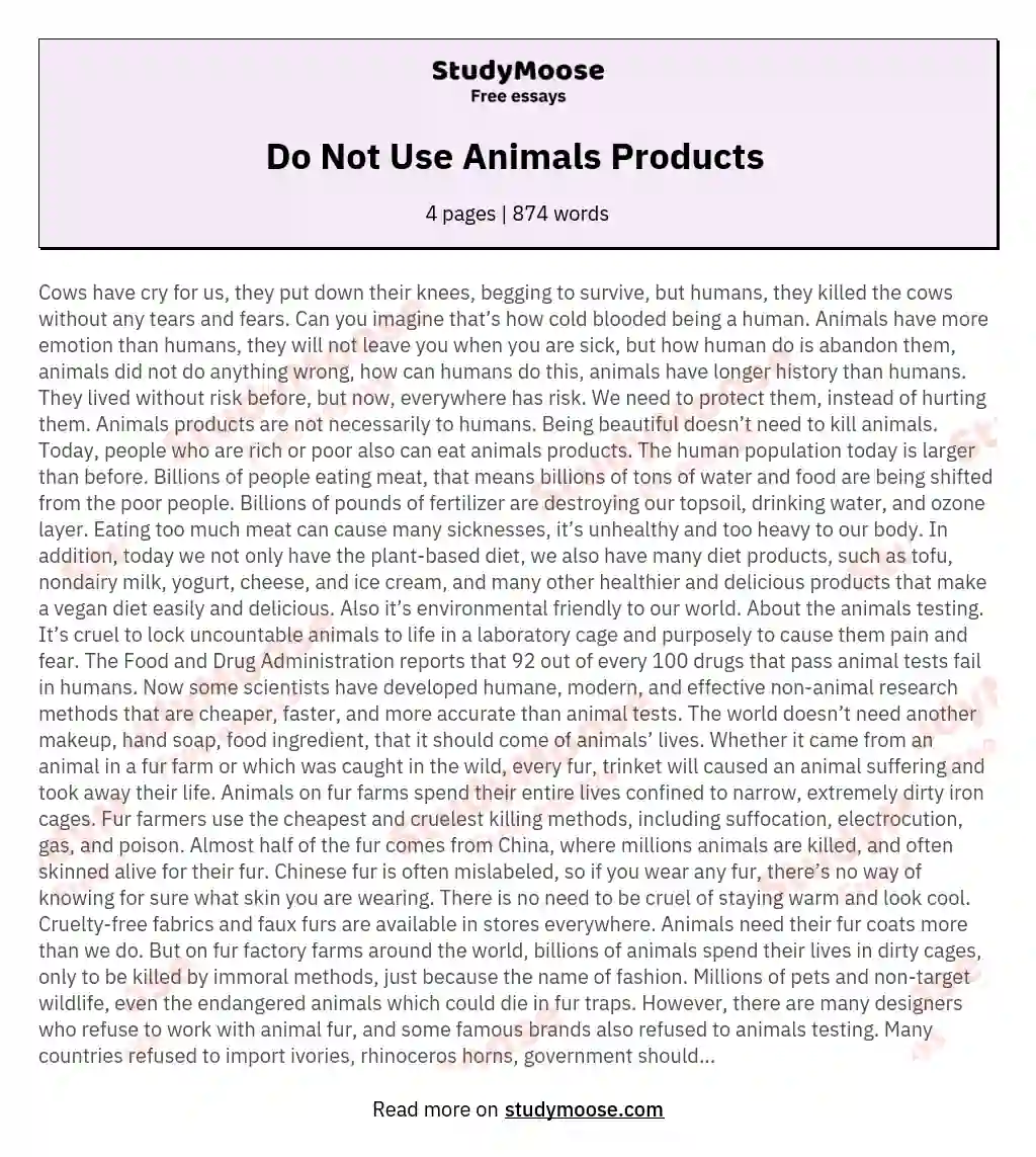 Do Not Use Animals Products Free Essay Example