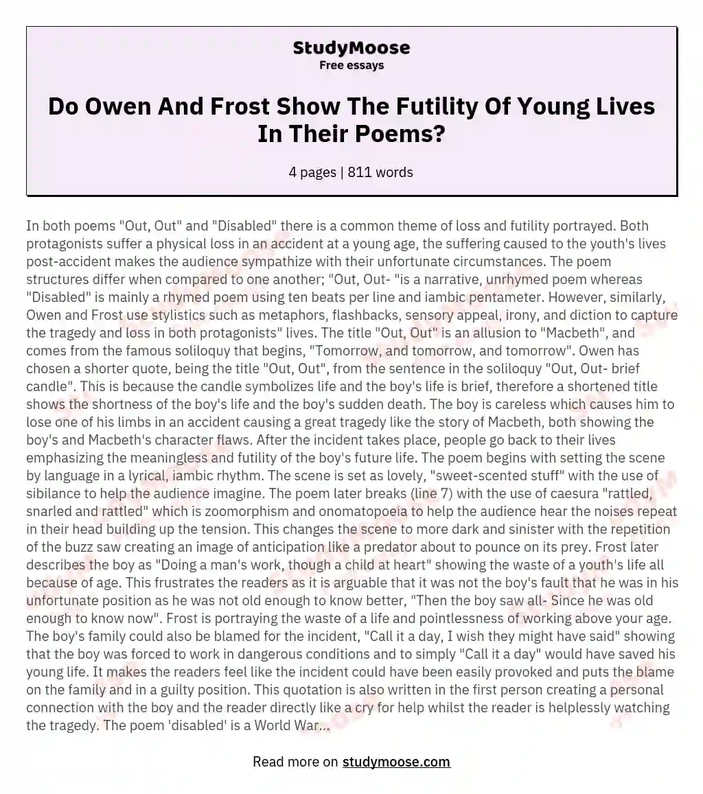 Do Owen And Frost Show The Futility Of Young Lives In Their Poems? essay