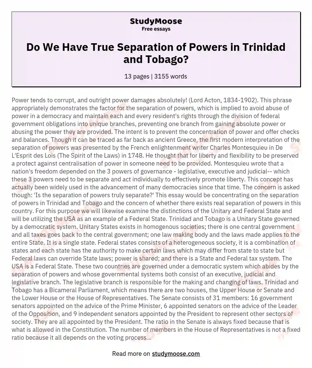Do We Have True Separation of Powers in Trinidad and Tobago?