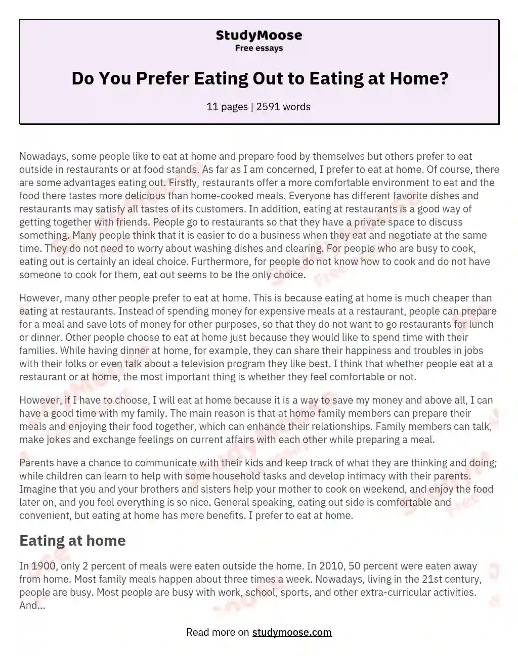 Do You Prefer Eating Out to Eating at Home? essay
