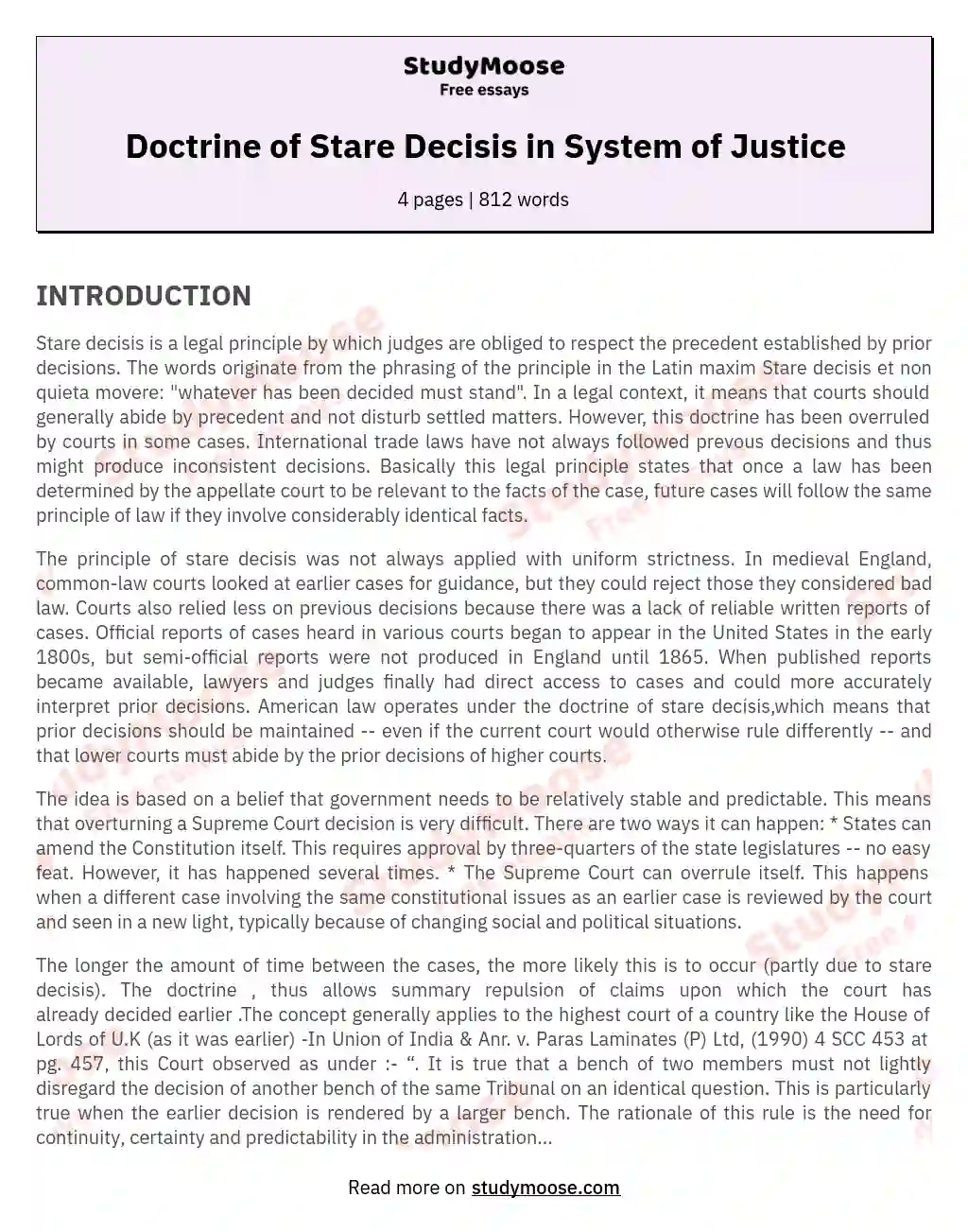 Doctrine of Stare Decisis in System of Justice essay