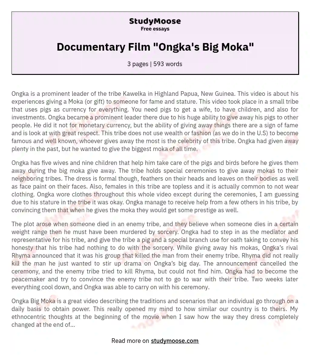 Documentary Film "Ongka's Big Moka" essay
