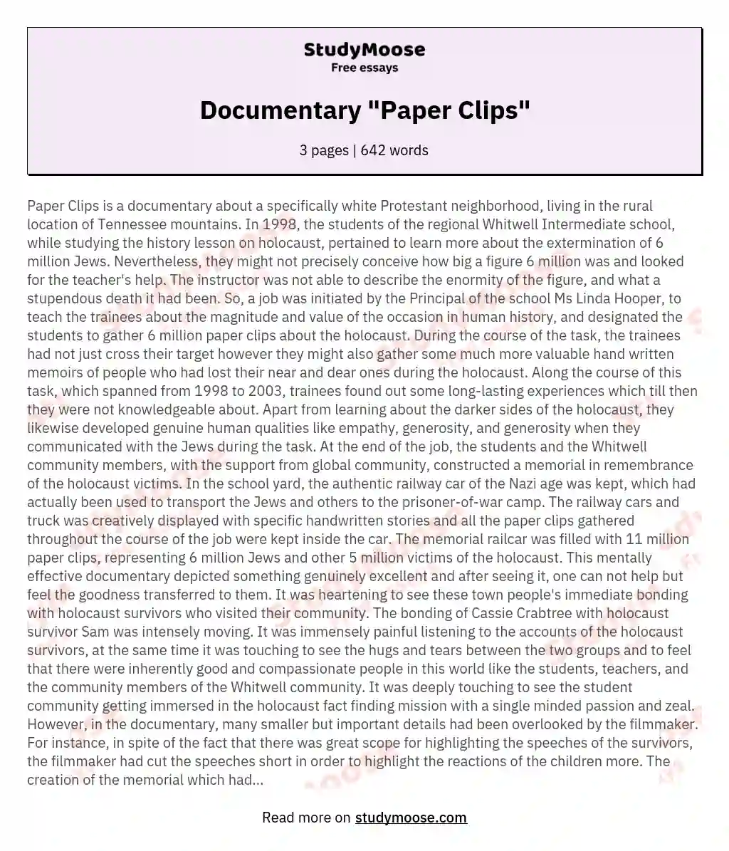 Documentary "Paper Clips" essay