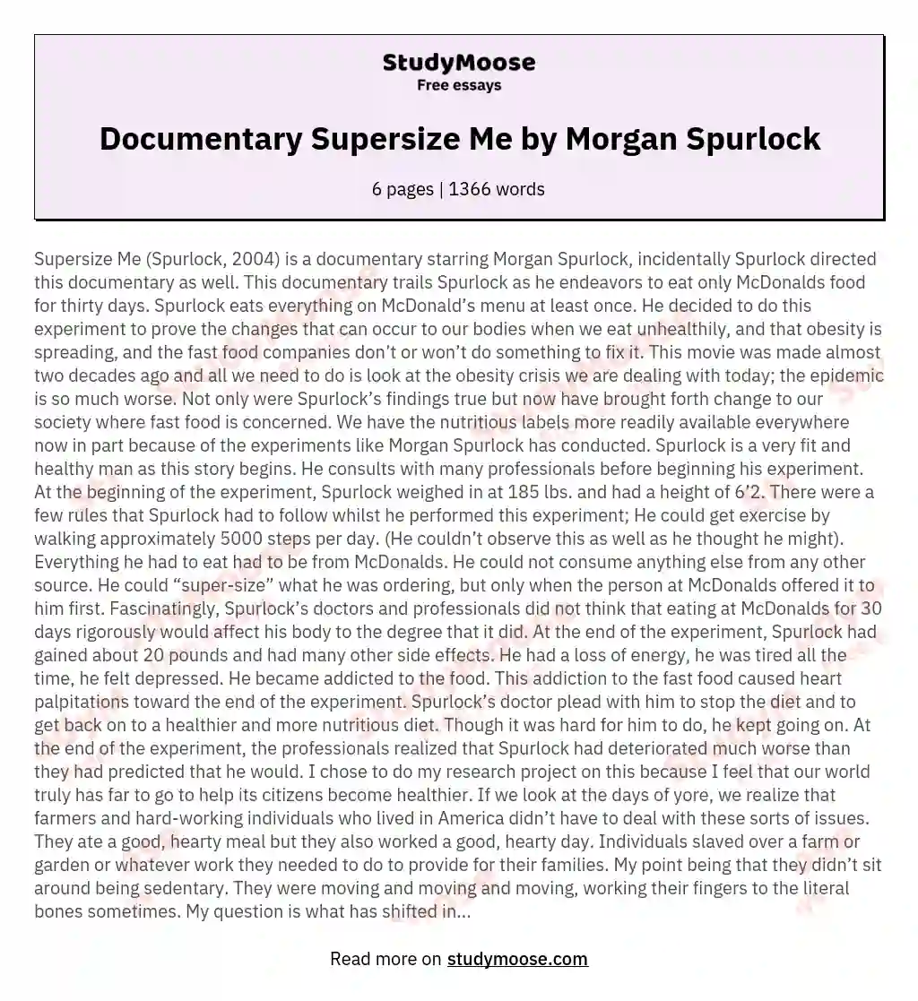Documentary Supersize Me by Morgan Spurlock essay