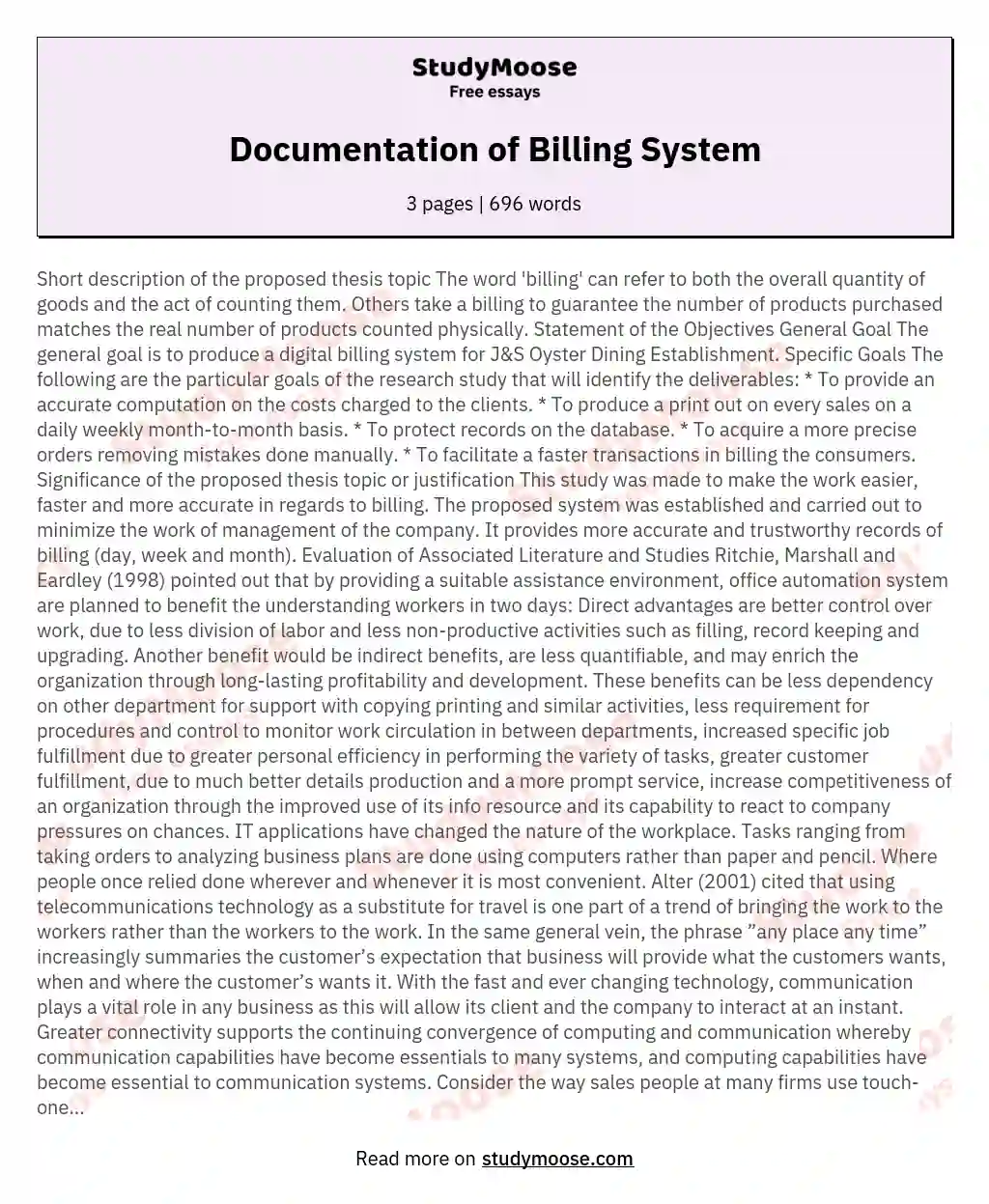 Documentation of Billing System essay