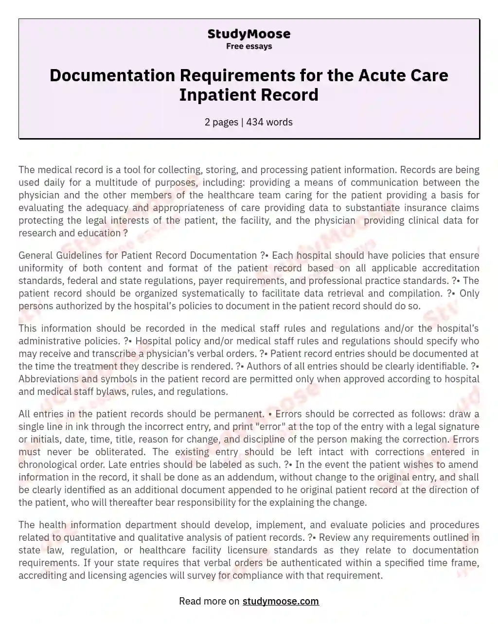 Documentation Requirements for the Acute Care Inpatient Record