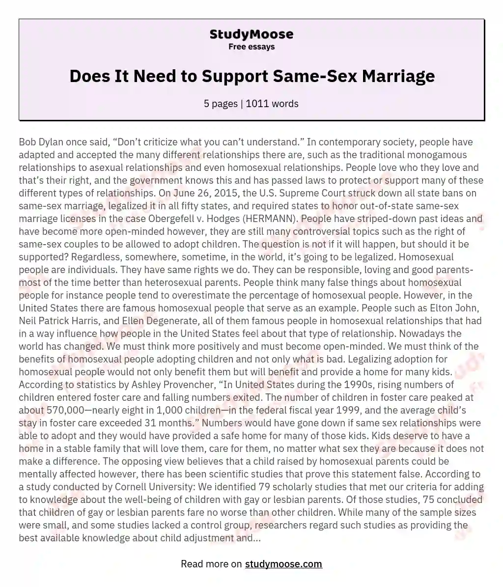 Does It Need to Support Same-Sex Marriage essay