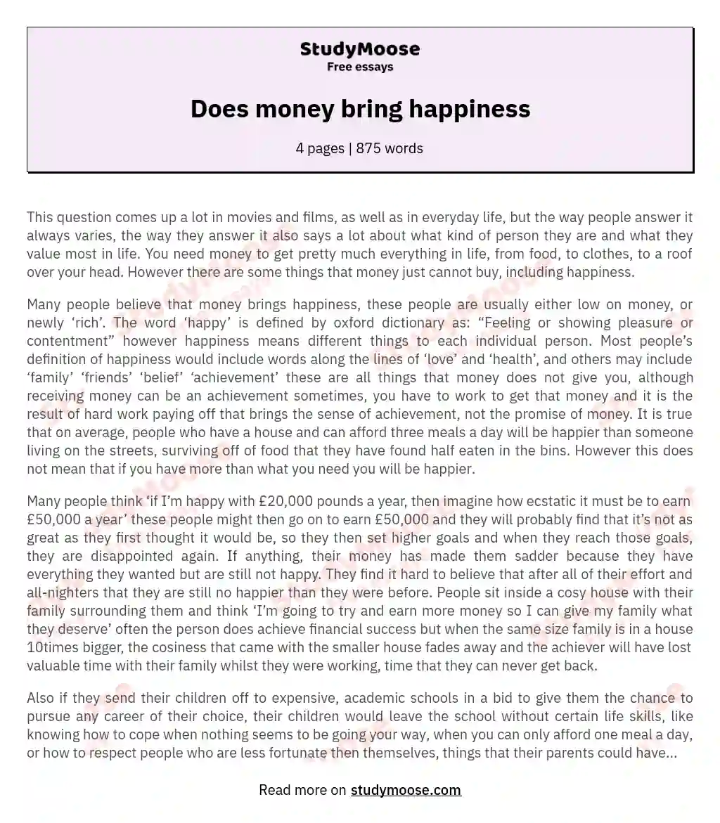 Does money bring happiness essay