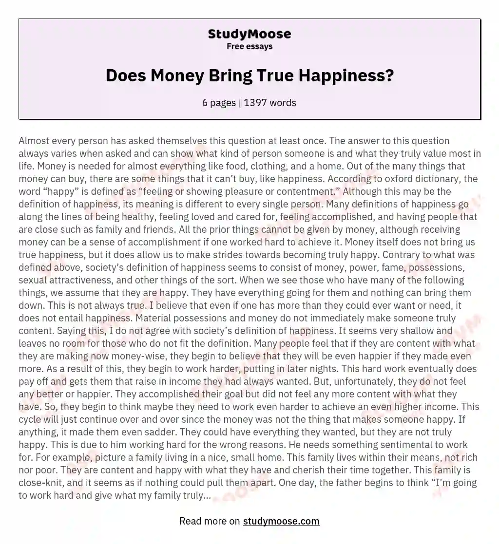 money equals happiness essay