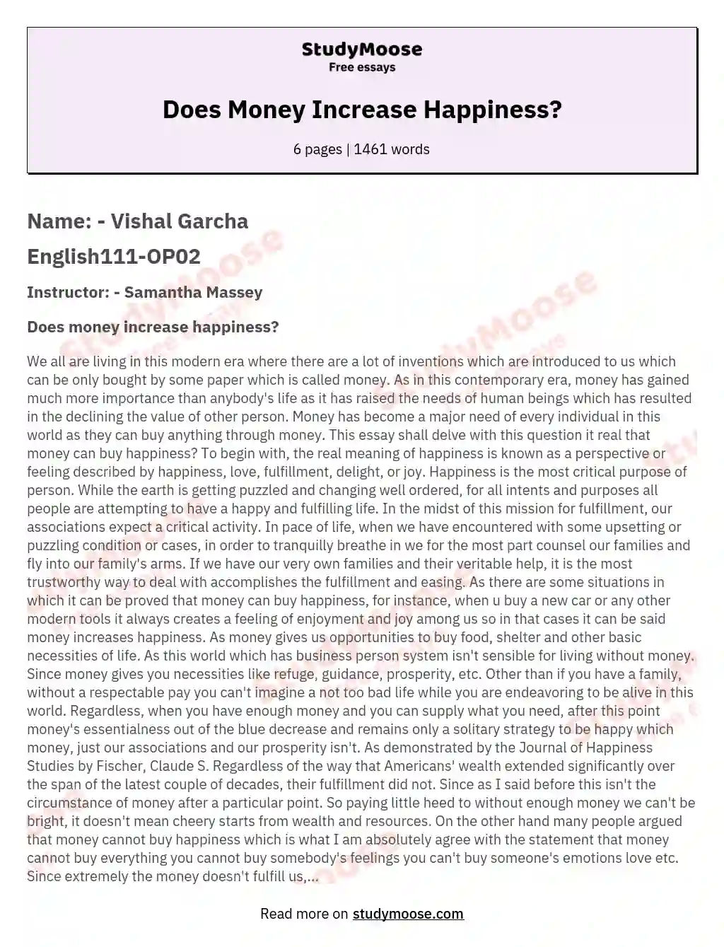 can money make you happy essay