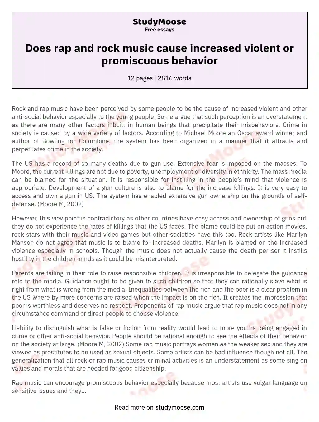 Does rap and rock music cause increased violent or promiscuous behavior essay