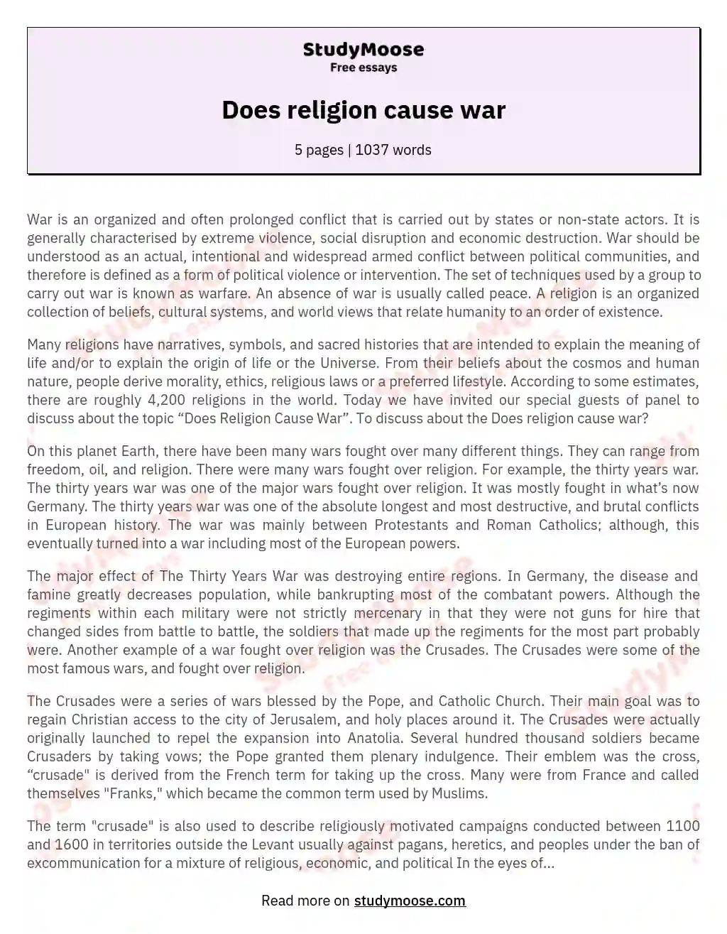 Does religion cause war essay