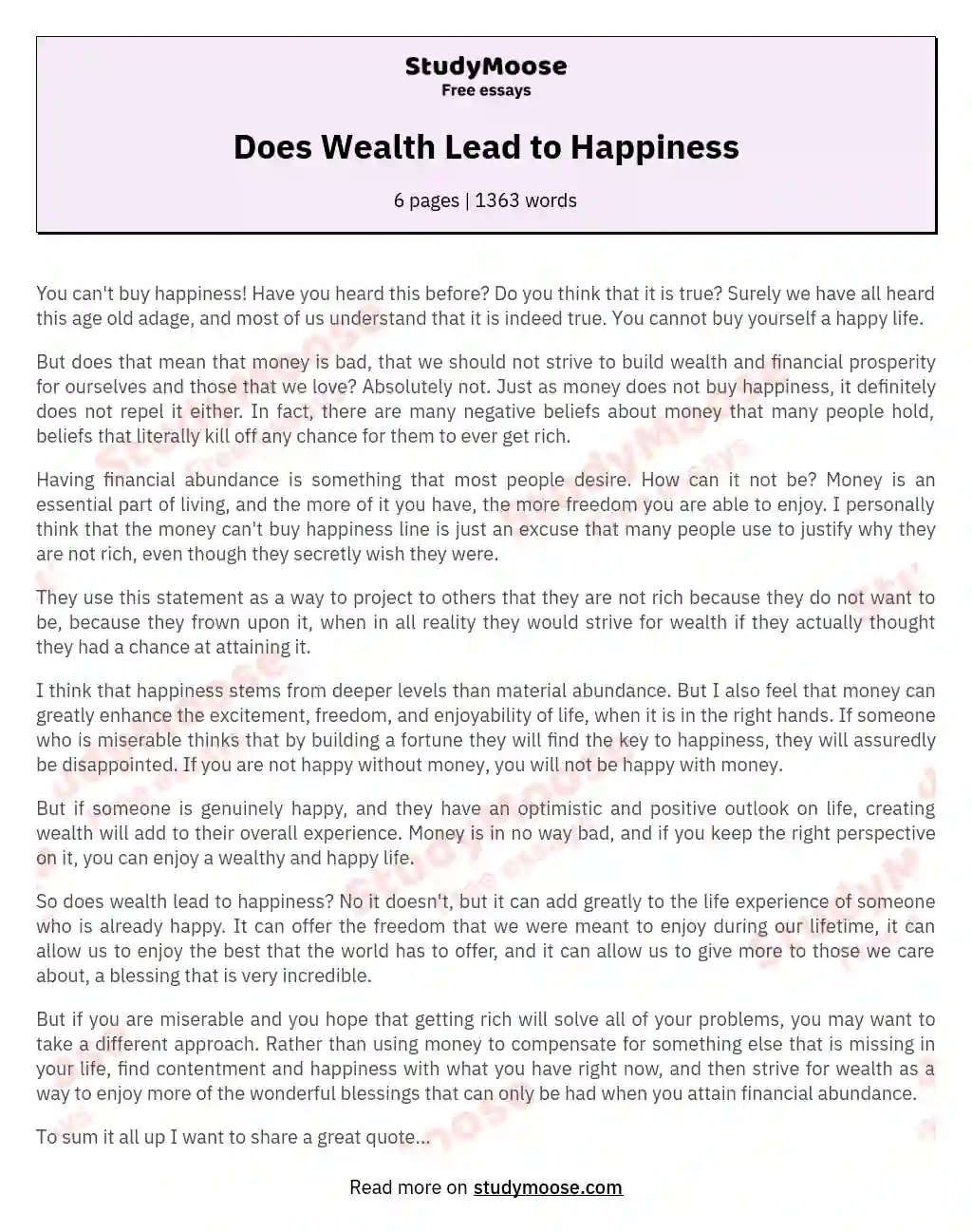 compose an argumentative essay about can money buy happiness